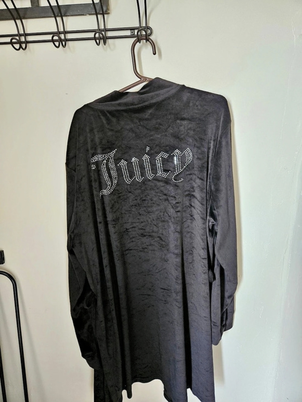 Juicy Couture Black Velour Rhinestone Logo Sleepwear Robe Long Sleeve